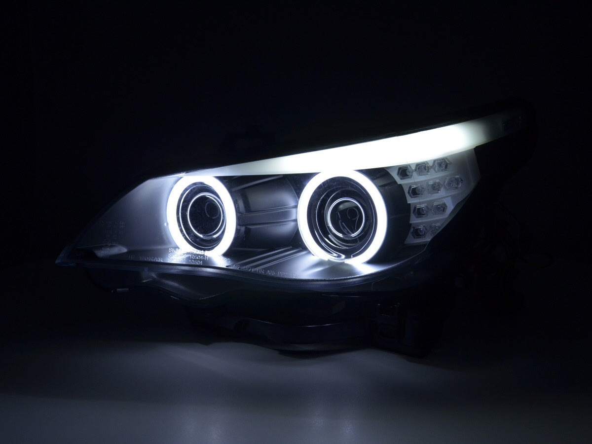 Xenon Angel Eyes CCFL Frontscheinwerfer BMW 5er E60 / E61 03-04 schwarz für Rechtslenker