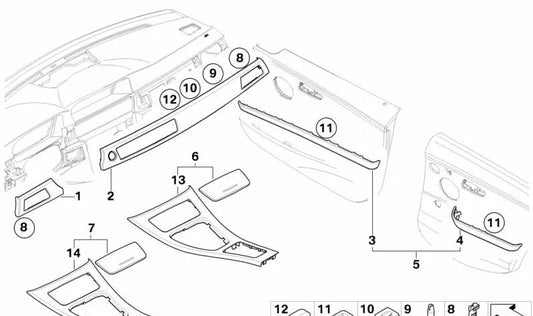 Embellecedor Puerta Madera Nogal Trasera Derecha para BMW Serie 3 E90N, E91N (OEM 51429169712). Original BMW