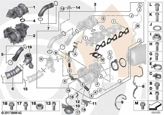 Kit de Montaje del Turbo de Escape para BMW Serie 5 F07, F10, X5 E70N (OEM 11652456238). Original BMW