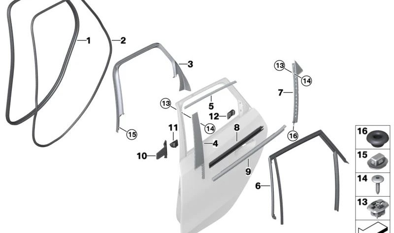 Guía de ventana puerta trasera derecha OEM 51358496354 para BMW U06 (Serie 2 Active Tourer, Serie 2 Gran Tourer). Original BMW.