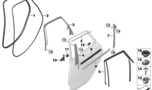 Guia da janela da porta traseira direita OEM 51358496354 para BMW U06 (Série 2 Active Tourer, Série 2 Gran Tourer). BMW originais.