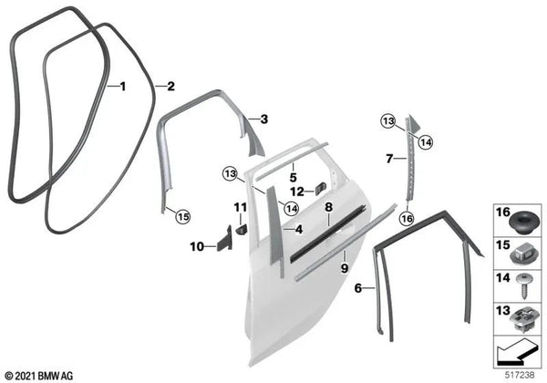 Junta del embellecedor del pilar C, parte inferior trasera derecha para BMW Serie 2 U06 (OEM 51358496382). Original BMW.