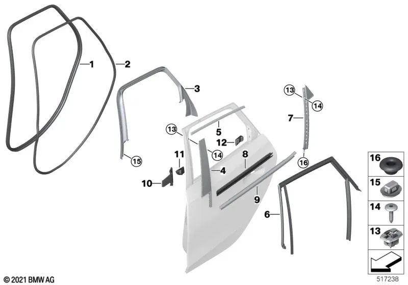 B-pillar trim seal, rear left door for BMW 2 Series U06 (OEM 51358496373). Original BMW.