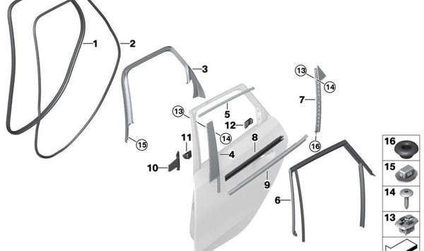 Cubierta exterior OEM 51358496339 para puerta trasera izquierda {BMW U06 (Serie 2 Active Tourer)}. Original BMW