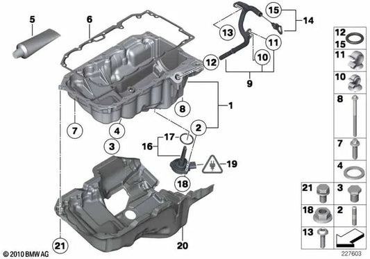 Bandeja de aceite para BMW Serie 1 F20, F21 (OEM 11138516485). Original BMW