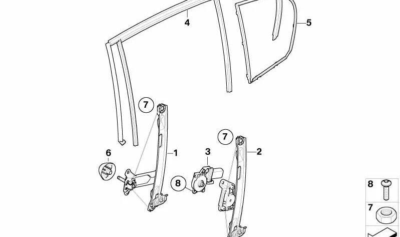 Guía de ventana puerta trasera izquierda para BMW E87 (OEM 51347066615). Original BMW