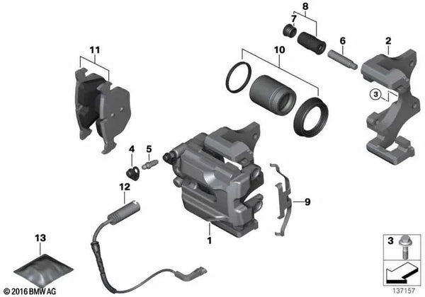 Carcasa de pinza de freno trasera izquierda para BMW E82, E90, E92, E93 (OEM 34217845137). Original BMW.