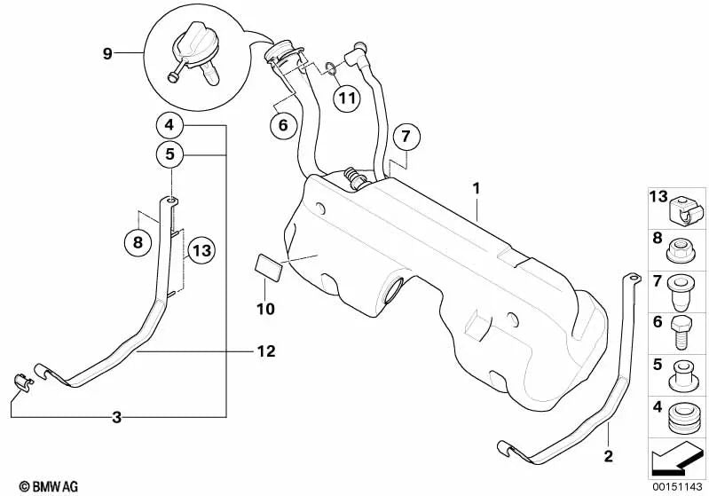 Depósito de combustible de plástico con emisor a la izquierda para BMW Z4 E85 (OEM 16117197693). Original BMW