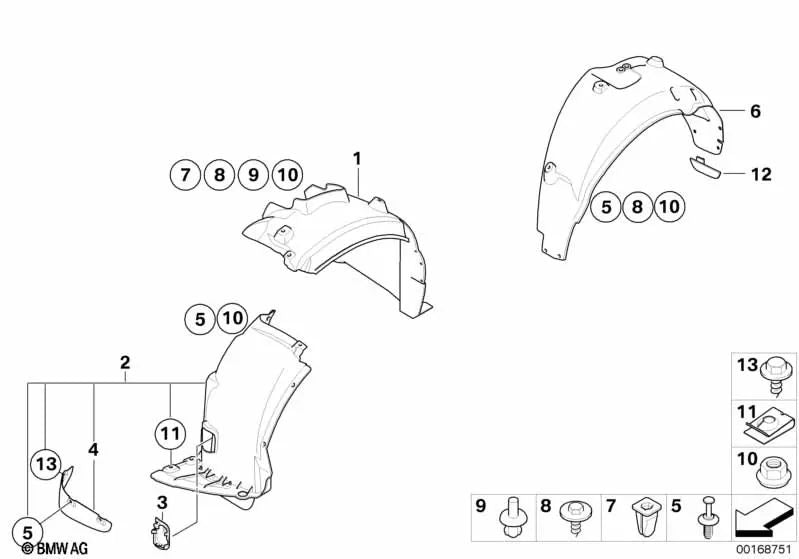 Tapa de cubierta del paso de rueda delantero derecho para BMW Serie 1 E81, E87 (OEM 51717141874). Original BMW