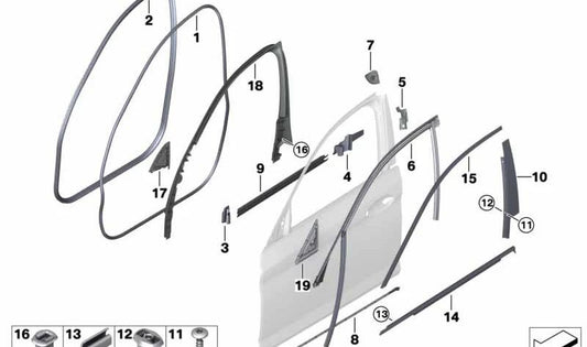 Guía de ventana puerta delantera derecha para BMW Serie 5 F90, G30, G31, G38 (OEM 51337336964). Original BMW