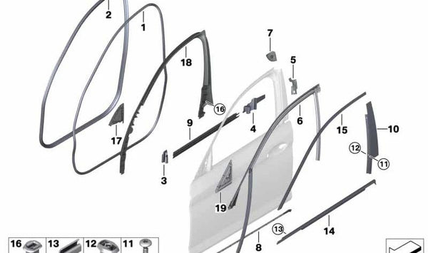 Moldura del marco de la ventanilla puerta delantera izquierda OEM 51337336955 para BMW G30, G31, G38. Original BMW.