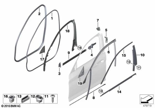 Sellado interior canal puerta delantera derecha para BMW F90, G30, G31, G38 (OEM 51337336960). Original BMW.