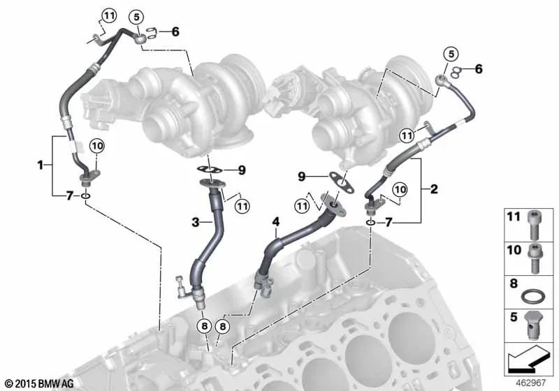 Exhaust gas turbocharger oil return line for BMW F90, F90N, F91, F92, F93, F95, F96 (OEM 11427852376). Original BMW