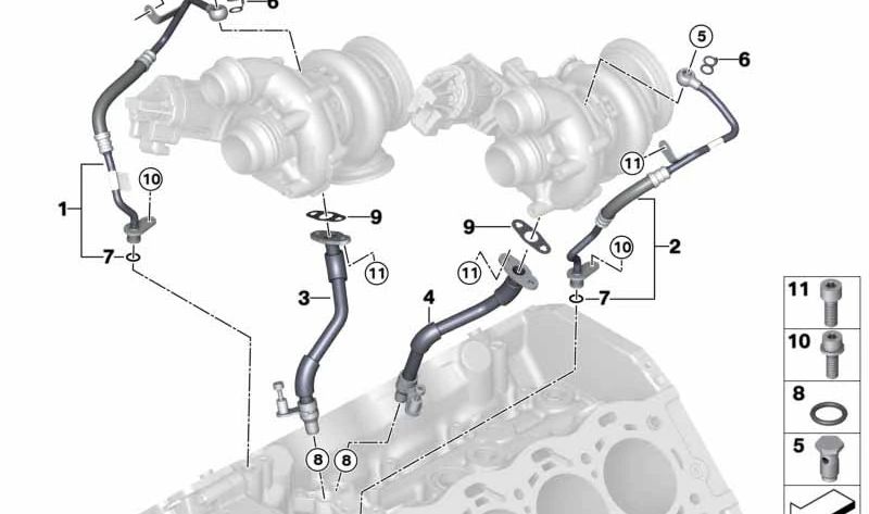 Tubería de retorno de aceite del turbocompresor para BMW Serie 5 F10, G30, Serie 6 F06, F12, F13, Serie 7 G11, G12, X5 E70, F85, X6 E71, F86, X7 G07 (OEM 11427844986). Original BMW