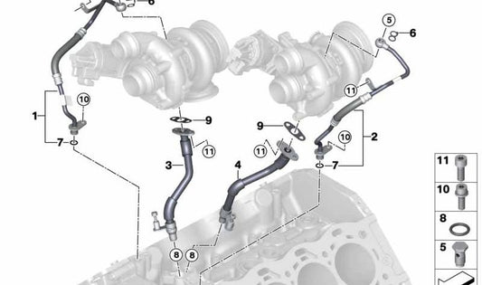 Tubo de retorno de aceite para turbo OEM 11429453879 para BMW (Modelos compatibles: G30, G31, G11, G12, G14, G15, G16, G05, G06, G07). Original BMW.