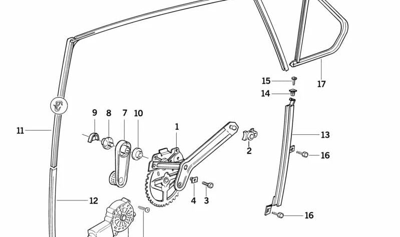 Guía de ventana derecha OEM 51341960902 para BMW E36. Original BMW.