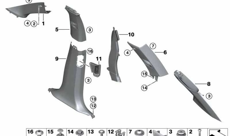 Revestimiento D-columna superior derecha para BMW X5 F15 (OEM 51437344216). Original BMW