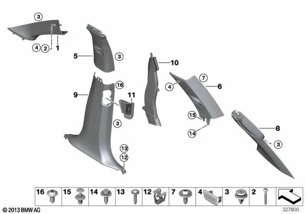 Blenda de Pilar B Superior Izquierda para BMW X5 F15 (OEM 51437329389). Original BMW.