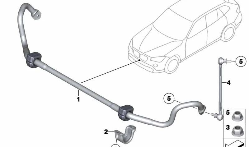 Barra estabilizadora delantera con soportes de goma OEM 31356793190 para BMW E81, E82, E87, E88, E90, E91, E92, E93, E84, E89. Original BMW.