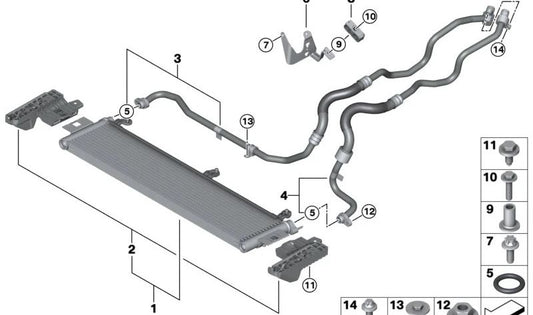 Tubo de retorno del radiador de aceite de motor OEM 17228485727 para BMW G42, G20, G22, G26. Original BMW.