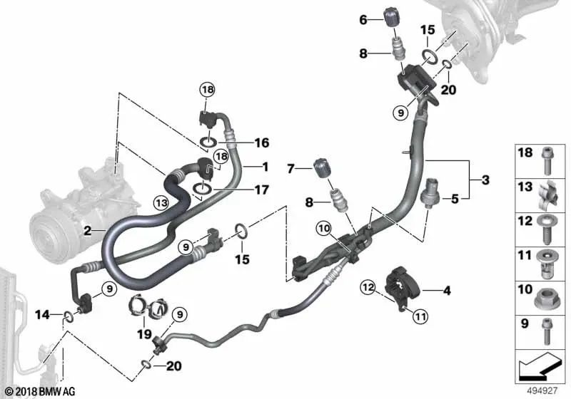 Tubería de presión Compresor-Condensador para BMW F20N, F21N Serie 1; F22, F23 Serie 2; F30, F31, F34 Serie 3; F32, F36 Serie 4 (OEM 64539337129). Original BMW