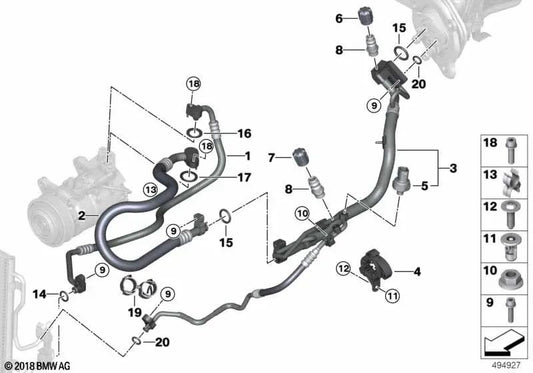 Compressor-Condenser Pressure Pipe for BMW F20N, F21N 1 Series; F22, F23 2 Series; F30, F31, F34 3 Series; F32, F36 4 Series (OEM 64539337129). Original BMW