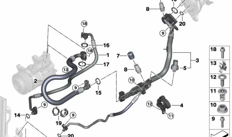 Condenser-Evaporator Pressure Pipe for BMW 1 Series F20N, F21N, 2 Series F22, F23, 3 Series F30, F31, F34, F35N, 4 Series F32, F33N, F36 (OEM 64539337127). Original BMW