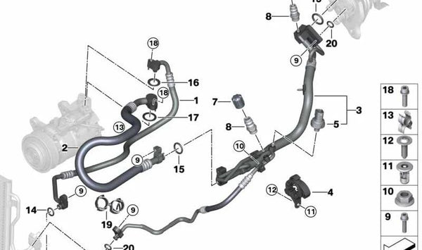 Tubería de Presión Condensador-Evaporador para BMW Serie 1 F20N, F21N, Serie 2 F22, F23, Serie 3 F30, F31, F34, F35N, Serie 4 F32, F33N, F36 (OEM 64539337127). Original BMW