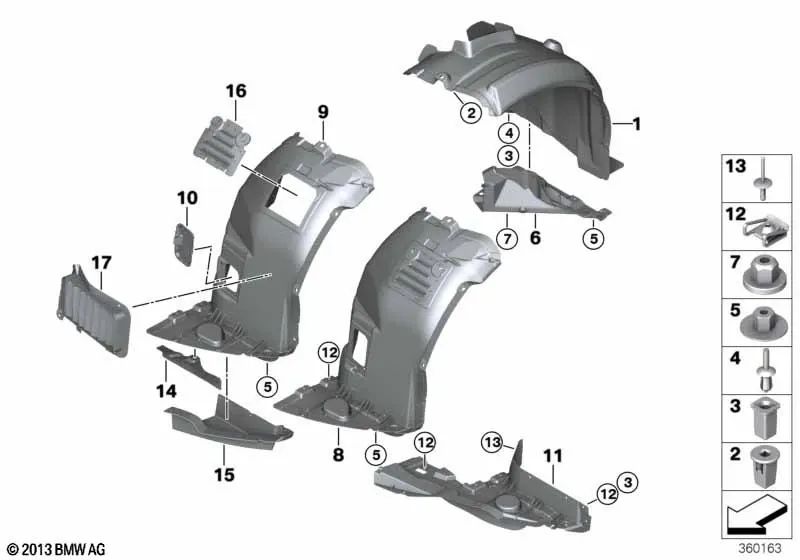 Cubierta del guardabarros inferior izquierdo para BMW Serie 3 E90, E91 (OEM 51717162275). Original BMW.