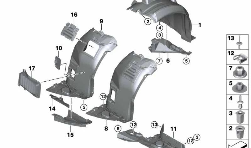 Cubierta del paso de rueda inferior izquierda para BMW Serie 3 E92, E93 (OEM 51717162831). Original BMW