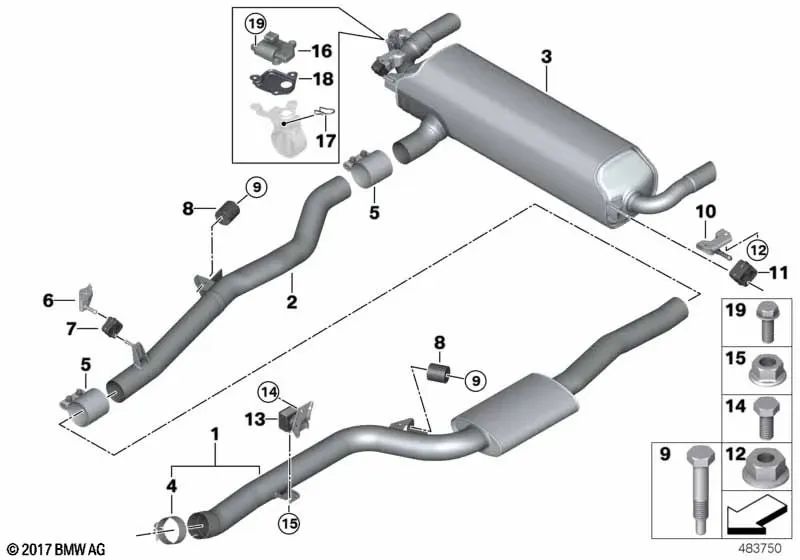 Silenciador delantero para BMW Serie 7 G12 (OEM 18308637983). Original BMW.