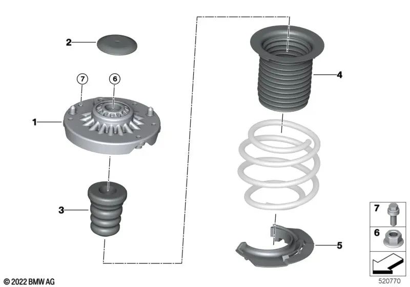 Amortiguador adicional delantero para BMW F20, F21, F22, F23, F87N, F30, F31, F34, F35, F80, G20, G21, F32, F33, F36, F82, F83, I01, U11, G29 (OEM 31336857729). Original BMW.