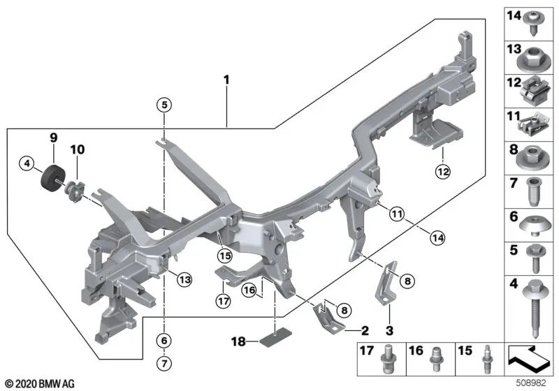 Soporte de refuerzo de túnel izquierdo para BMW F90, G30, G31, G38, G11, G12, F91, F92, F93, G14, G15 (OEM 51459297649). Original BMW.