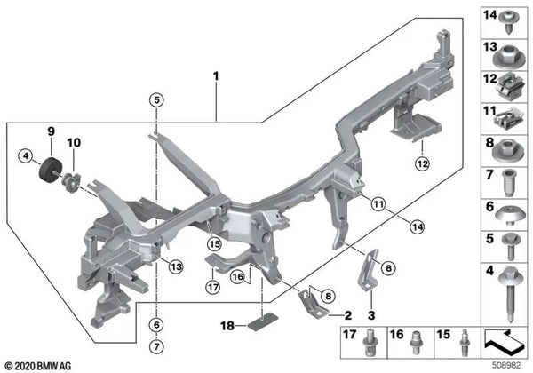 Soporte para el refuerzo del túnel derecho para BMW F90, G30, G31, G38, G11, G12, F91, F92, F93, G14, G15, G16 (OEM 51459297650). Original BMW