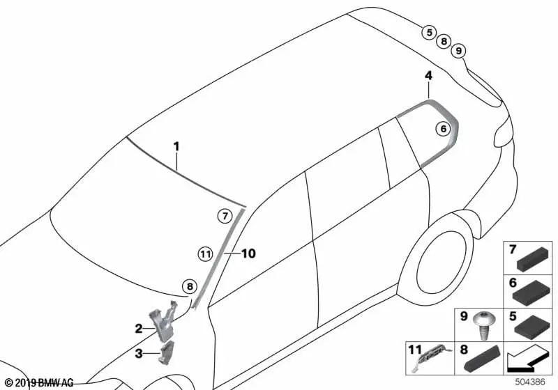 Left rear window molding for BMW G07 (OEM 51377439367). Genuine BMW