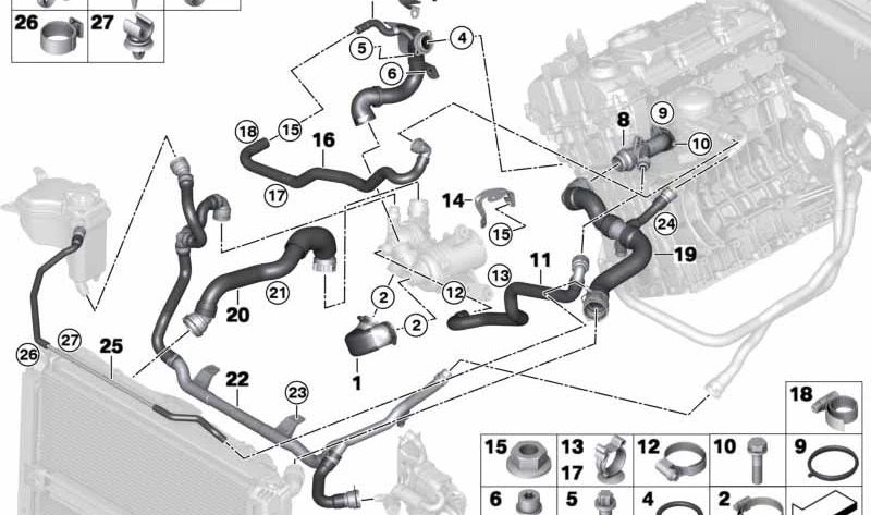 Manguera Motor Adelante-Radiador Arriba para BMW E81, E87N (OEM 17127577964). Original BMW