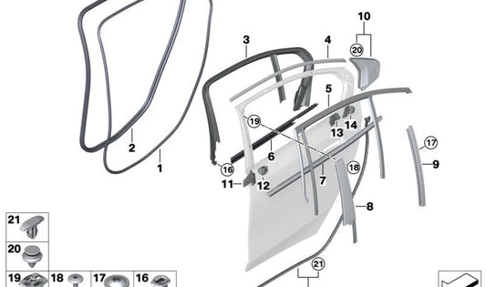 Rear left door seal gasket for BMW 5 Series G60 (OEM 51725A058B7). Original BMW