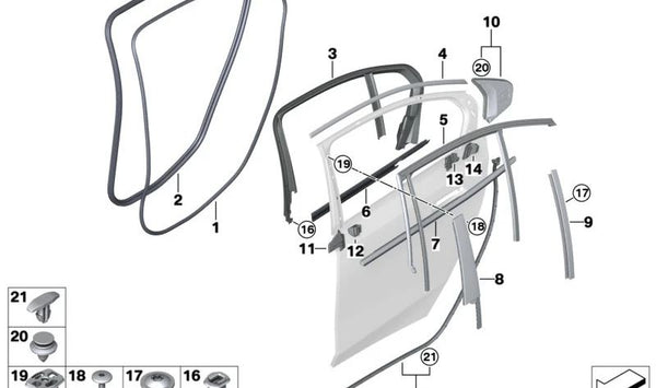 Sellado de juntas puerta trasera izquierda para BMW Serie 5 G60 (OEM 51725A058B7). Original BMW