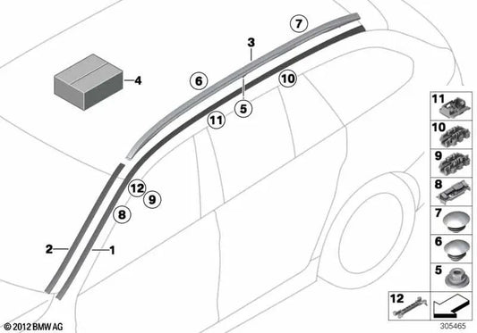 Kit de reparación del portaequipajes del techo lado izquierdo para BMW Serie 5 F11, F11N (OEM 51137269369). Original BMW.