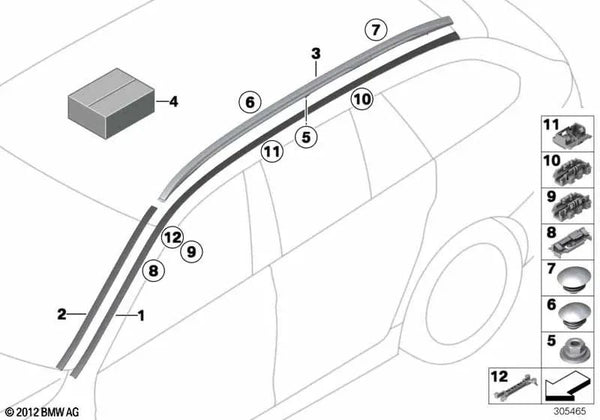 Barra de techo derecha para BMW Serie 5 F11, F11N (OEM 51137234902). Original BMW.