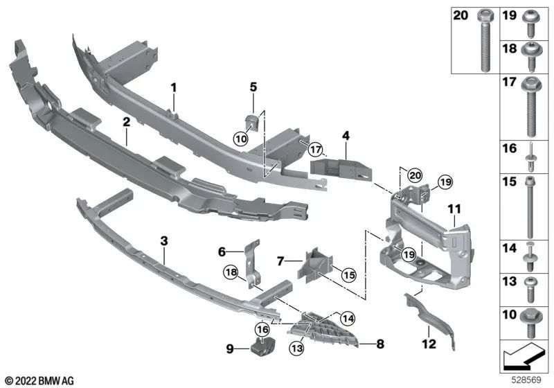 Refuerzo parachoques delantero parte inferior derecha para BMW G32, G32N (OEM 51118496128). Original BMW.