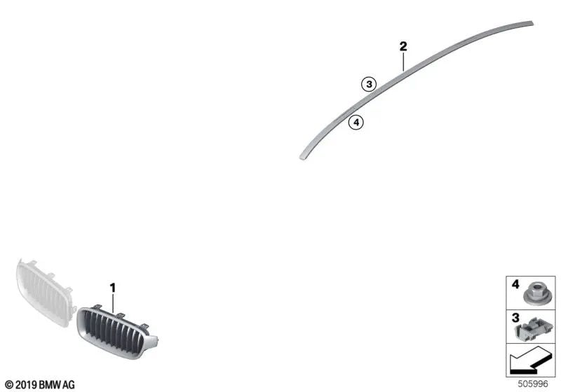 Rejilla decorativa delantera izquierda para BMW Serie 3 F30N (OEM 51137475967). Original BMW.