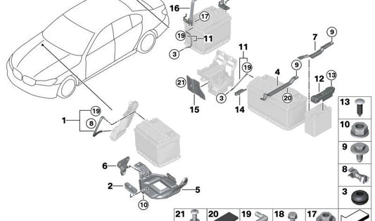 Soporte Portabaterías para BMW G20, G21, G30, G31, G38, G32, G11, G12, G14, G15, G16 (OEM 61219311086). Original BMW.