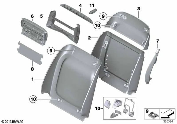 Pared trasera del asiento de confort abajo para BMW Serie 5 F07, F10, F11, F18, Serie 7 F01, F02, F04 (OEM 52107222428). Original BMW