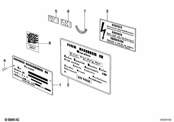 Placa de advertencia número de chasis para BMW E24 (OEM 51142121642). Original BMW.