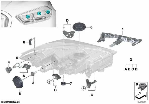 Soporte de faro izquierdo para BMW Serie 1 F40 (OEM 63119448107). Original BMW.