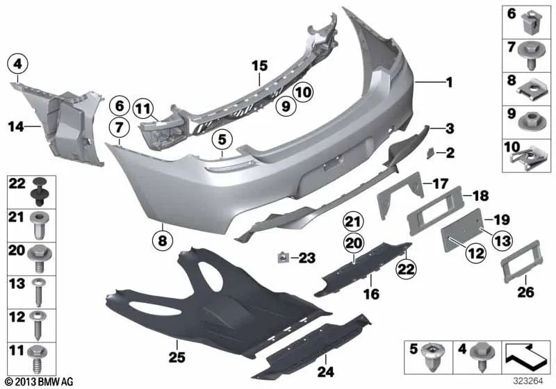 Cubierta del parachoques trasero para BMW F06N, F12N, F13N (OEM 51128062756). Original BMW.