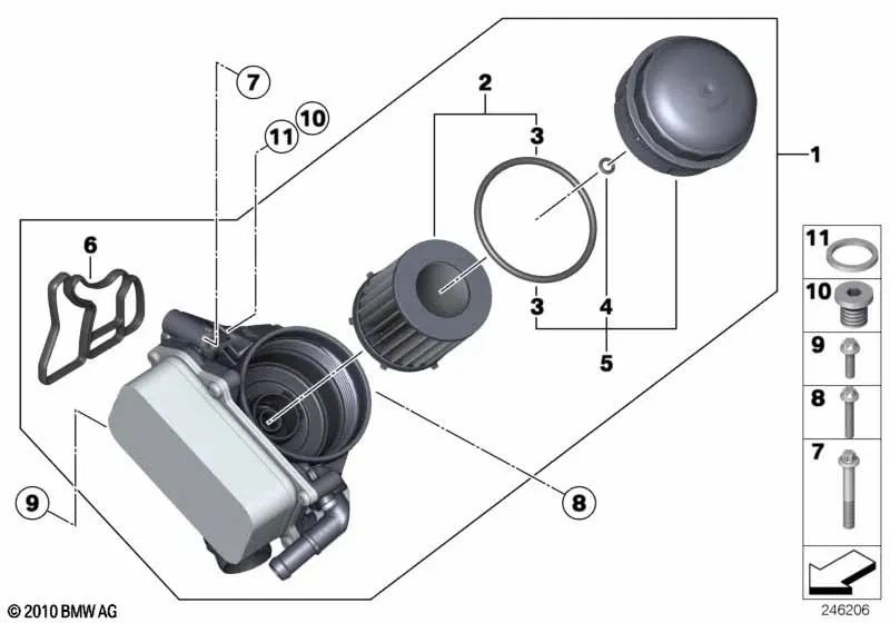 Juego de insertos de filtro de aceite para BMW Serie 5 F10, F11, X1 E84, X3 F25 (OEM 11427634292). Original BMW