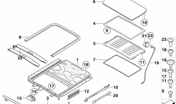 Junta de la casete del techo solar para BMW E71, E72 (OEM 54107189241). Original BMW