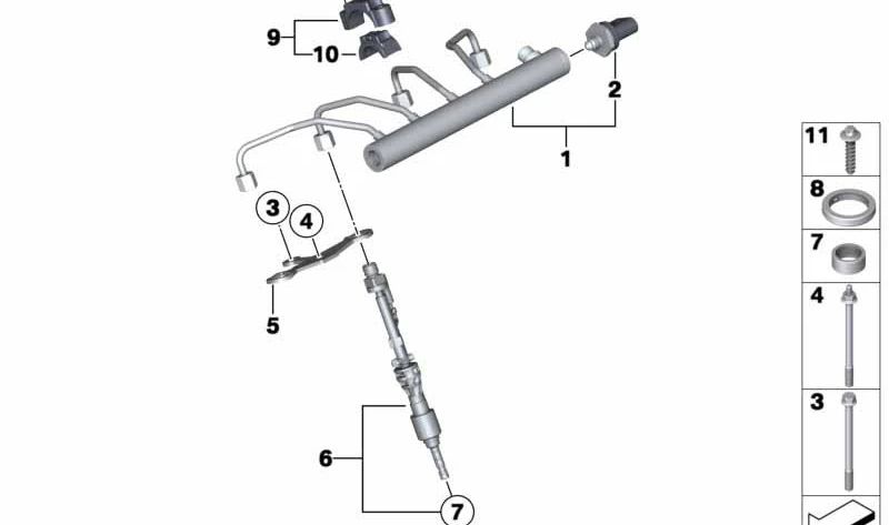 High Pressure Rail for BMW F20, F21, F22, F23, F30, F31, F34, F35, F32, F33, F36, F07, F10, F11, F18, E84, F25, F26, F15, F16, E89 (OEM 13537585411). Original BMW